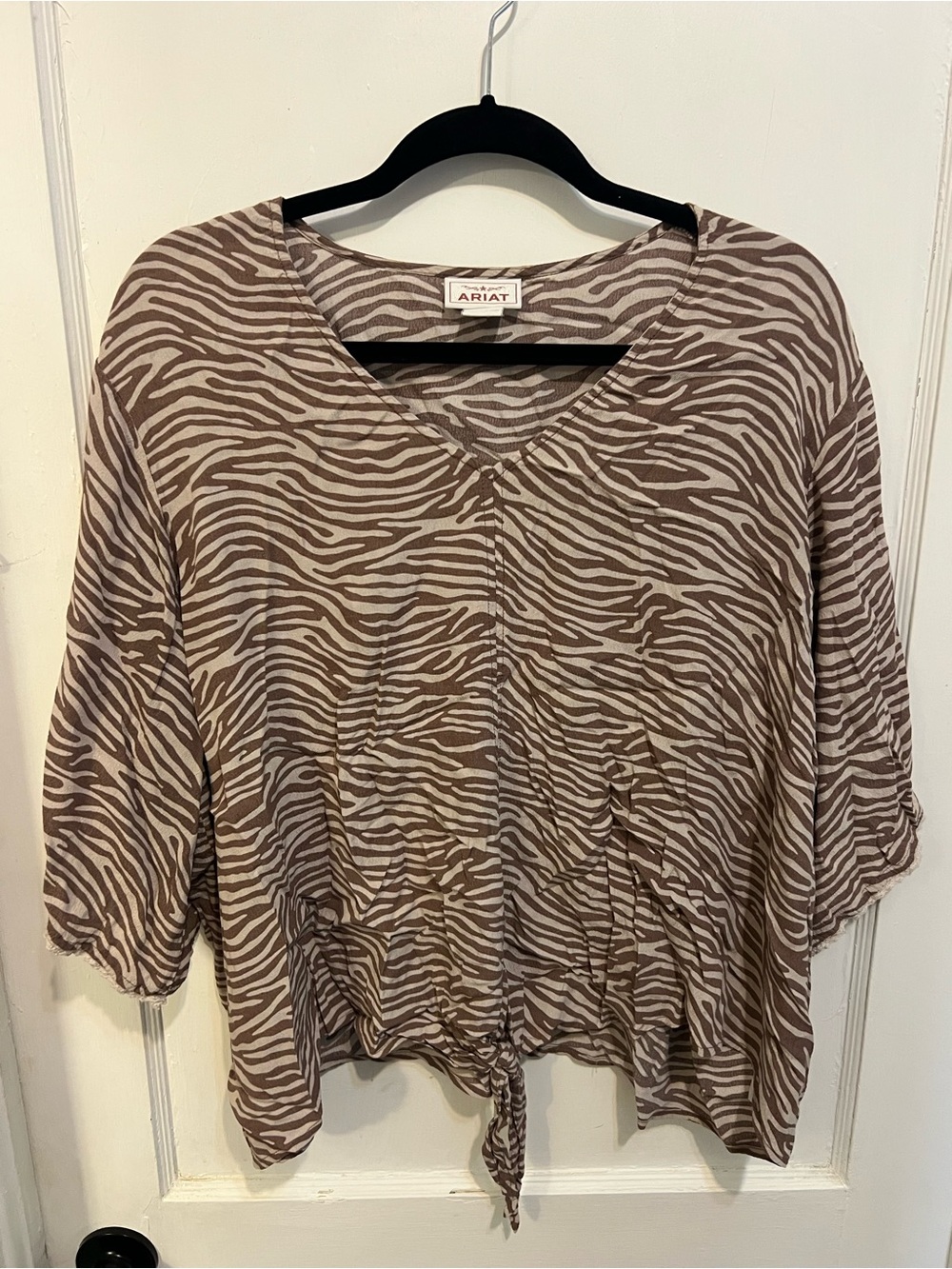 Ariat Taupe and Cream Zebra-Print Tie Front V-Neck Tunic